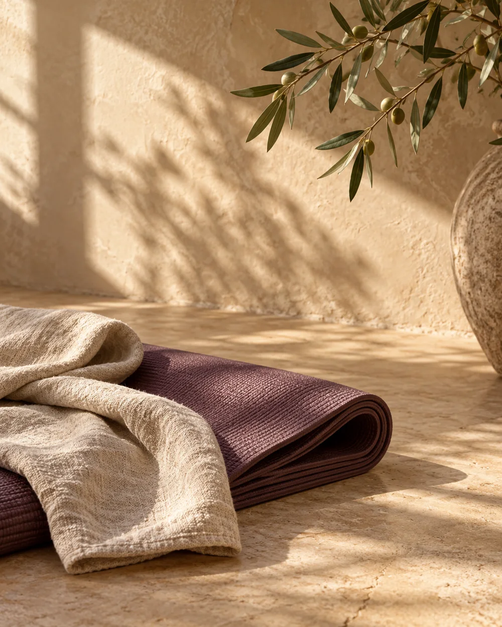 A folded plum yoga mat, linen, and an olive branch in soft window light
